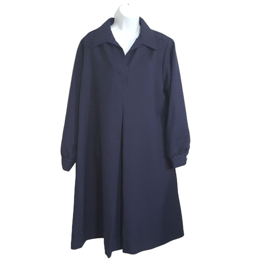 Anastasia Vintage Womens Dress 16 Long Sleeve‎ Mid Calf Navy Blue Tent Shift USA